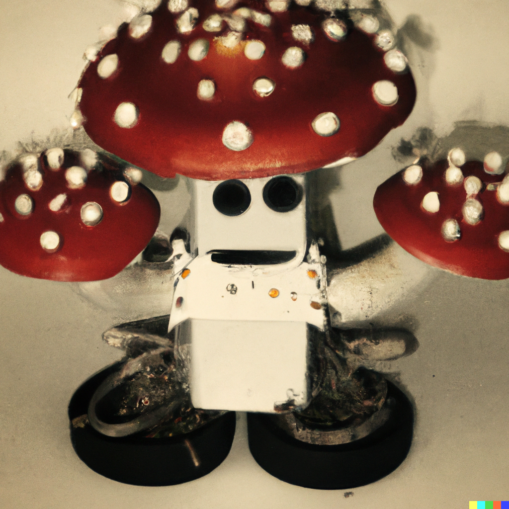DALL-E: Robot made of Amanita mushrooms