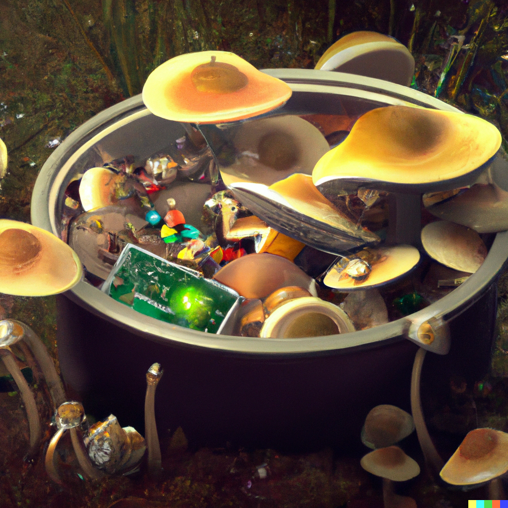 DALL-E: Photorealistic stew containing whole death cap mushrooms and silicon computer chips, digital art